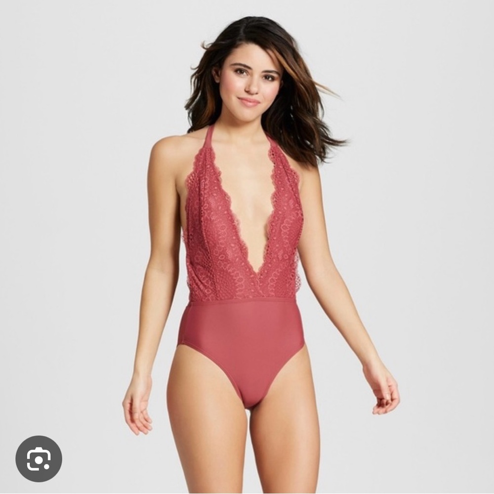 Xhilaration Target Mauve Dusty Pink Deep V One-Piece Swimsuit Lg